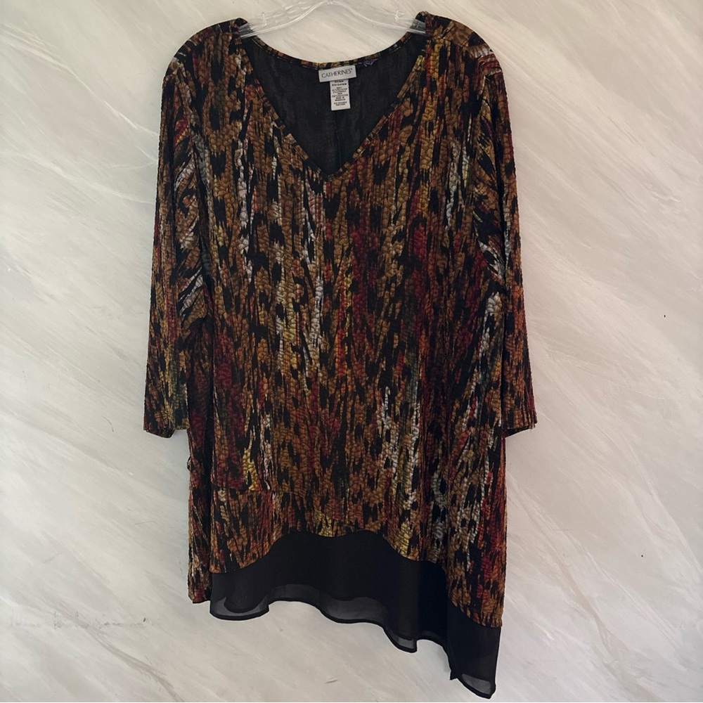 Catherines P2XL Black and Brown Patterned V-Neck Asymmetrical Hem Tunic Blouse